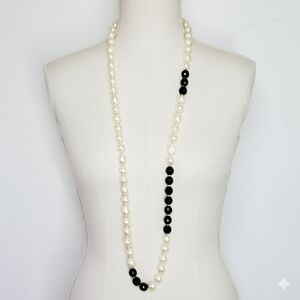 Necklace & Brooch 44" Chunky Irridescent Faux Pearl Black Glass Beaded Vintage